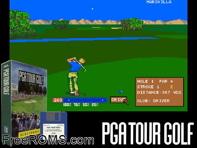 PGA Tour Golf Amiga game showing 3D box cover and gameplay screenshot
